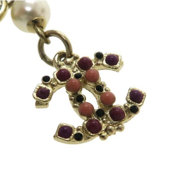 CHANEL CC Logo Multicolor Stone Pearl Bracelet 6.5" Gold Tone 12P Auth #6767F - Picture 6 of 6